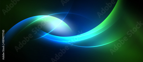 Abstract flowing lines, vibrant blues, greens. Bright light source creates dynamic energy, smooth gradients. Dark background emphasizes luminosity.