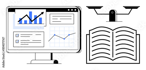 Computer screen displaying charts, graphs, and checklists paired with open book and justice scales. Ideal for law, research, analytics, education, decision-making equity transparency. Simple flat
