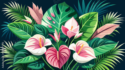 Very beautiful elegant arrangement of pink and white anthurium flowers surrounded by lush green palm leaves, creating a serene tropical scene ideal for wellness, spa, and tropical-themed designs.