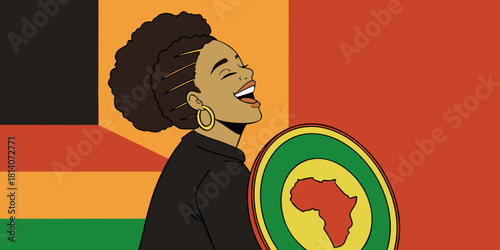 african profile silhouette illustration with pan-african colors and continent emblem featuring retro poster style geometric background in orange yellow green celebrating cultural pride and heritage