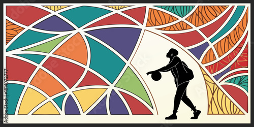 baseball player silhouette in stained glass mosaic style with vibrant geometric shapes in red orange teal and blue creating dynamic sports art illustration