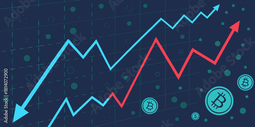 cryptocurrency trading chart with cyan and red trend lines showing bullish bearish market movements on dark blue digital grid background with glowing coin icons