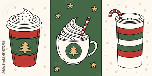three christmas holiday beverages illustration featuring festive coffee drinks with whipped cream candy cane and christmas tree design in red green colors for seasonal café decoration