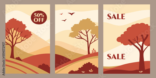 autumn sale promotional banners set featuring minimalist landscape with rolling hills trees and fall colors in rust orange golden yellow for seasonal marketing design