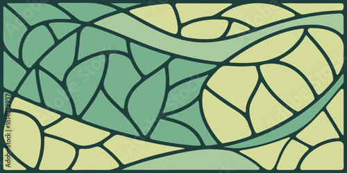 abstract stained glass mosaic with flowing organic shapes in green yellow gradient featuring art nouveau style curved lines and nature inspired geometric pattern design