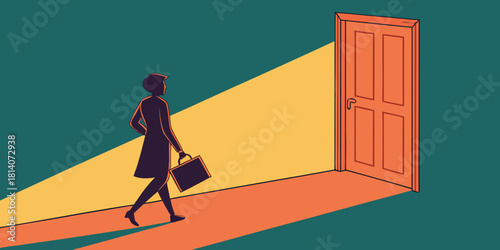businesswoman walking toward open door with golden light beam showing career opportunity new beginning and professional transformation in minimalist illustration with teal background
