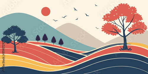 minimalist landscape with rolling hills in coral orange teal and navy featuring stylized trees birds and sun in mid century modern japanese inspired illustration art style