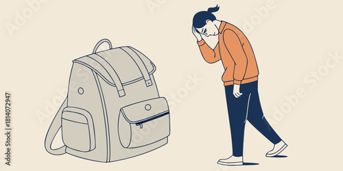 person walking away from oversized backpack illustration showing metaphor for leaving burden behind stress relief and moving forward in minimalist modern art style