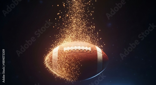 Dynamic american football glowing with golden sparkling particles against a dark, dramatic background for sports promotion