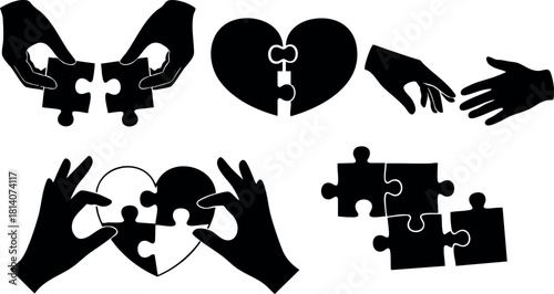 Puzzle hands connecting pieces heart shape love relationship teamwork concept vector illustration