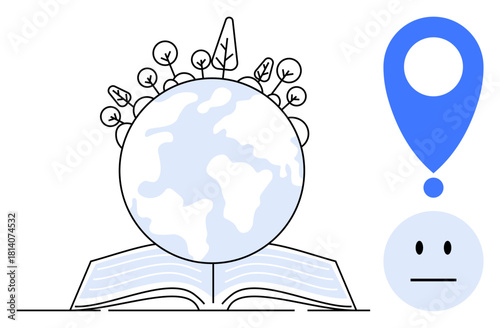 Planet Earth with trees atop an open book, geolocation pin, and neutral face emoticon. Ideal for knowledge, environment, education, sustainability, global awareness location and reason. Simple flat