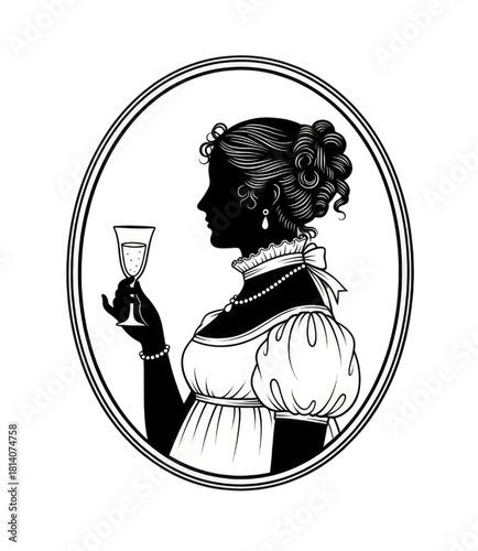 A Silhouette of a Woman in a Vintage Oval Frame Isolated PNG