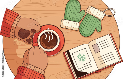 Cozy dining table set for two with a warm overhead light includes a cup of coffee and a book on a winter morning indoors.