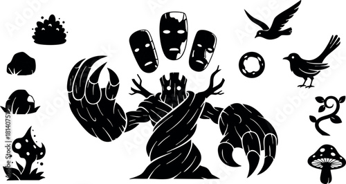 Black silhouette tribal tattoo design with birds claws mask feathers and nature elements vector illustration