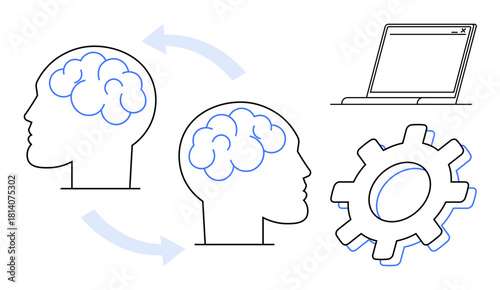 Two human heads with brains connected by arrows illustrate knowledge transfer, alongside symbols of a laptop and a gear. Ideal for technology, innovation, education, teamwork, communication, digital