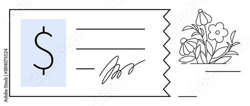 Minimal design with check including dollar sign, signature, and floral details. Ideal for finance, banking, payment, floral business, accounting, transactions and eco-friendliness depicted in