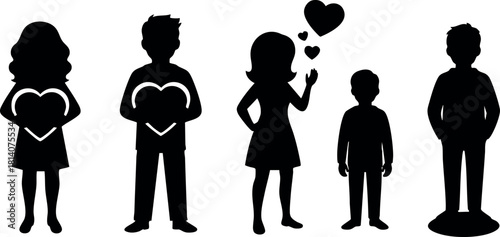 Silhouette family holding hearts love romance parents children together vector illustration