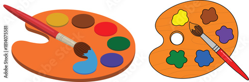 vector Two artist palettes with paint and brushes for creative projects