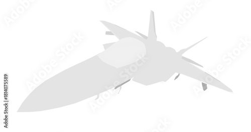 White fighter jet combat silhouette flies powerfully through the air with wings spread wide and roaring engines. The stark white background emphasizes its dynamic form.