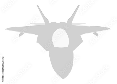 White fighter jet silhouette with black outline and spread wings. This combat aircraft has a sleek, powerful design against a stark white background.