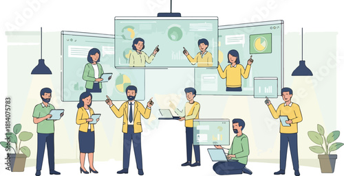 Diverse business team collaborating with technology in modern office setting using cloud computing.