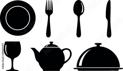 Dining set plate fork spoon knife glass teapot food cover silhouette vector illustration