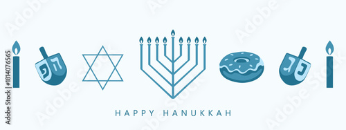 Vector illustration of Jewish holiday Hanukkah on blue background. Creative Celebration banner design with traditional minimal elements for israel.	