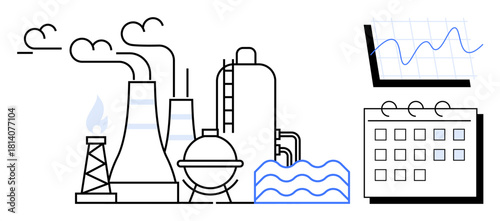 Factory with chimneys, storage tanks, and water, next to a trend line chart and calendar. Ideal for industry, production, analysis, energy manufacturing planning sustainability. Simple flat