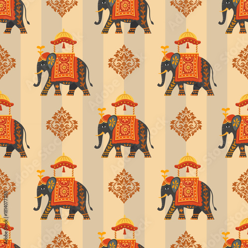 Vintage Thai-Indian elephant pattern in warm tones, decorated with floral and orange-red patterned shawls and gold headdresses. The elephant has a graceful pose, representing South and Southeast Asia