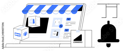 Digital storefront on a laptop showcasing products, shopping bags, and notification bell. Ideal for e-commerce, online shopping, digital marketing, business promotion, retail, technology consumer