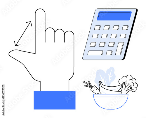 Hand gesture indicating portion control, digital calculator, and vegetable bowl highlight healthy eating, meal planning, diet tracking, and balanced nutrition. Ideal for wellness, moderation, simple