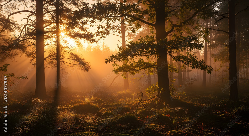 Naklejka premium Golden Forest: The sun's rays cascade through the dense forest, illuminating the landscape and evoking feelings of tranquility and peace. Witness the magic of nature as it unveils its golden secret