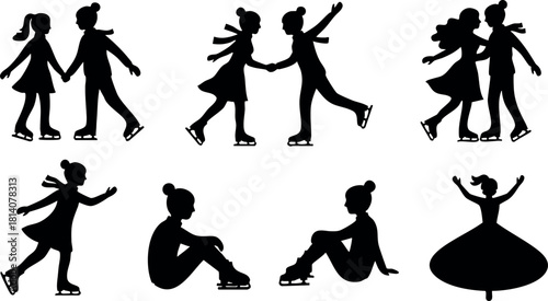 Silhouette figures skating skating couple skating woman posing sitting woman spinning woman vector illustration