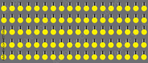 Repetitive pattern of small yellow circular shapes with black stems, uniformly arranged in horizontal rows on a solid grey background