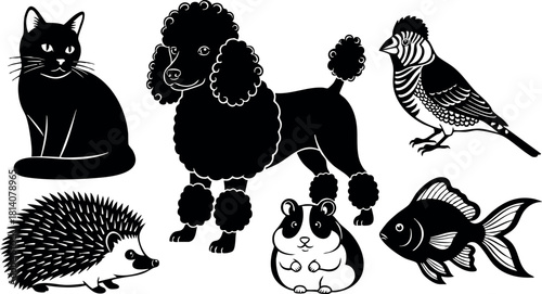 Black silhouette cat poodle bird hedgehog hamster goldfish vector illustration animal set