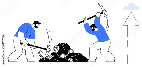 Two individuals mining with pickaxe and hammer, extracting gears from rocks, upward arrow represents progress. Ideal for teamwork, effort, determination, resource extraction, optimization