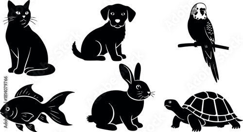 Vector illustration of black silhouette cat dog parrot fish rabbit and turtle simple animal icons