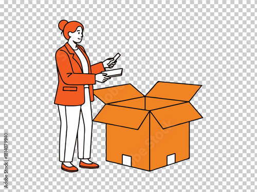 Woman in orange jacket unpacking a cardboard box
