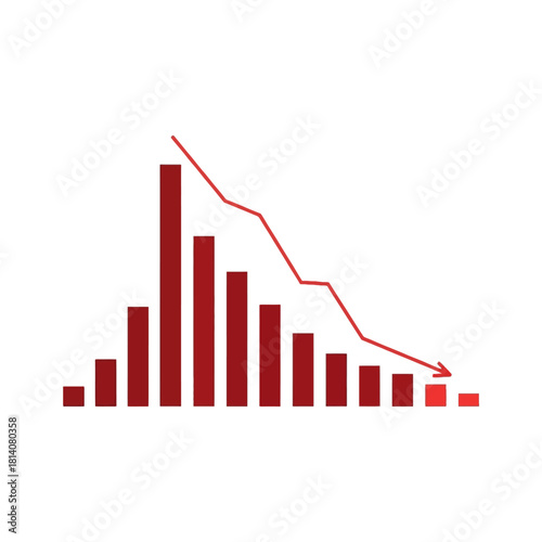 Declining Bar Chart Illustration with Red Downward Trend Line and Arrow