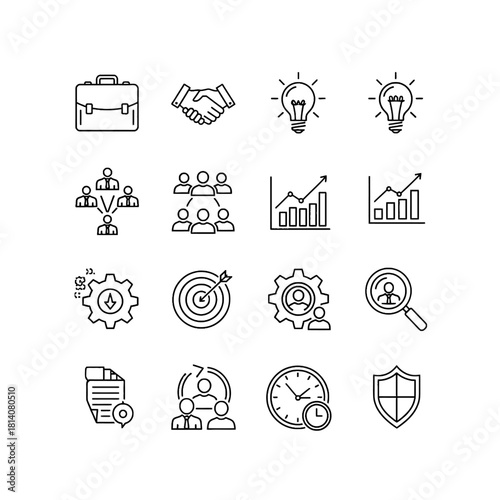 Minimalist Black Line Business Icon Set for Professional Presentation and Infographic Design
