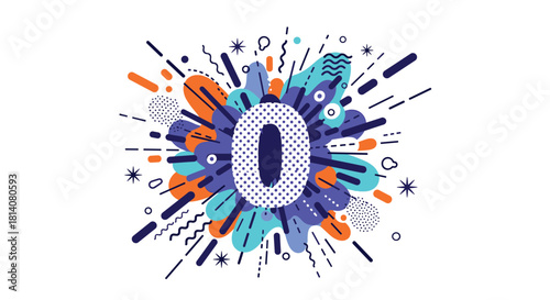 Dynamic and colorful abstract illustration of the number zero, surrounded by an energetic burst of geometric shapes and lines.