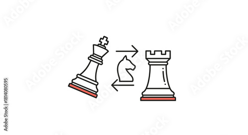 Conceptual illustration of chess strategy involving a king, knight, and rook, with arrows indicating complex interaction and dynamic movement.