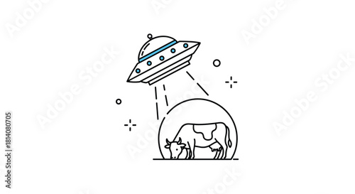 An alien spaceship hovers over a cow, seemingly abducting it with a tractor beam in a whimsical outline illustration.