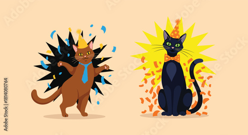Two adorable party cats, one brown and one black, dressed in festive hats and ties, surrounded by colorful confetti, ready for a celebration.