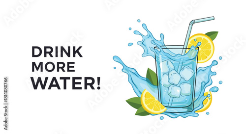 An illustration encouraging hydration with a refreshing glass of water, ice, lemon, and dynamic splashes, accompanied by the text 'Drink More Water'.