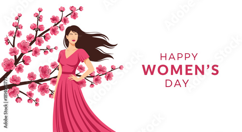 Elegant woman in a flowing pink dress stands beside a beautiful cherry blossom tree, celebrating Happy Women's Day.