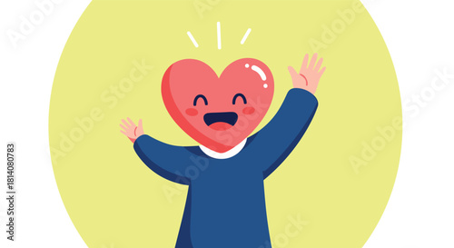 A cheerful character with a heart-shaped head expresses joy and positivity, raising hands in an excited gesture.