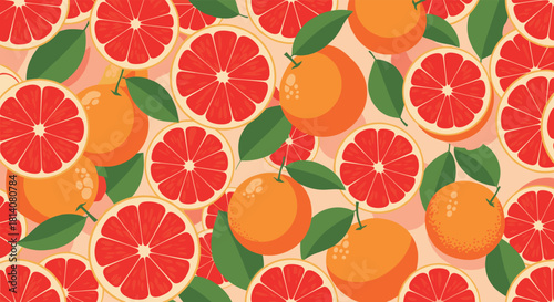Seamless tropical fruit pattern featuring vibrant red grapefruit slices, whole oranges, and green leaves on a light background, perfect for summer designs.