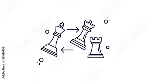 An abstract line art illustration depicting chess pieces, a king and queen exchanging positions, with a rook observing.