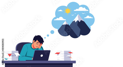 A tired employee at a desk dreams of a serene mountain escape, longing for a break from the monotonous and overwhelming work.
